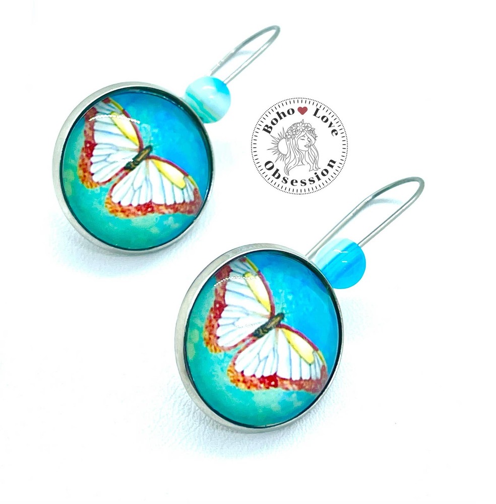 Blue Boho Butterfly Earrings, Retro Bohemian Jewelry, Hippie Accessory